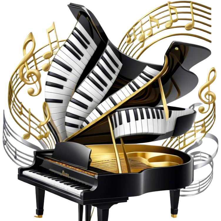 Create a detailed and elegant emoji collage representing keyboard instruments in a celebratory and professional style, reminiscent of a coat of arms. The design should feature a central arrangement of black and white piano keys, forming a symmetrical, powerful image. Around the keys, include a flowing ribbon of musical notes that intertwines with the keys, creating a sense of movement and harmony. Use gold and silver accents to highlight the keys and musical notes, giving the design a festive, high-quality appearance. The design should convey professionalism, elegance, and a sense of occasion. Add subtle reflections on the piano keys to enhance the polished look. The background should be transparent. emoji