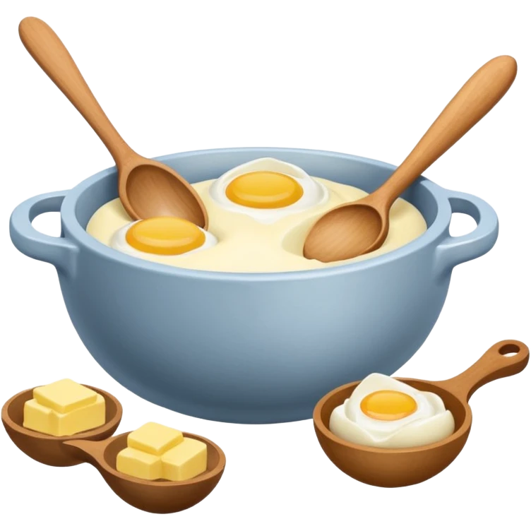 A cream ceramic baking bowl with a wooden spoon in it, next to it is a carton of eggs and butter emoji