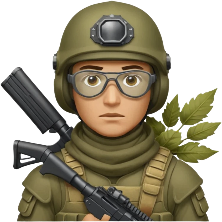 Ukrainian Intelligance agency warrior man in Ferro concept platecarrier with CZ BREN 2 riffle in helmet TOR-D, balaclava, poncho with leafs and ballistic assult glasses emoji