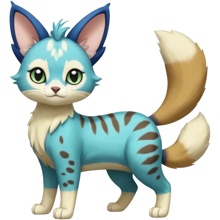 Cobalt-Blue green turquoise black white Purloin-Meowth-Meowstic-Minccino-Cinccino-serval-furret-Noibat-caracal-fusion-hybrid-creature (full body) emoji