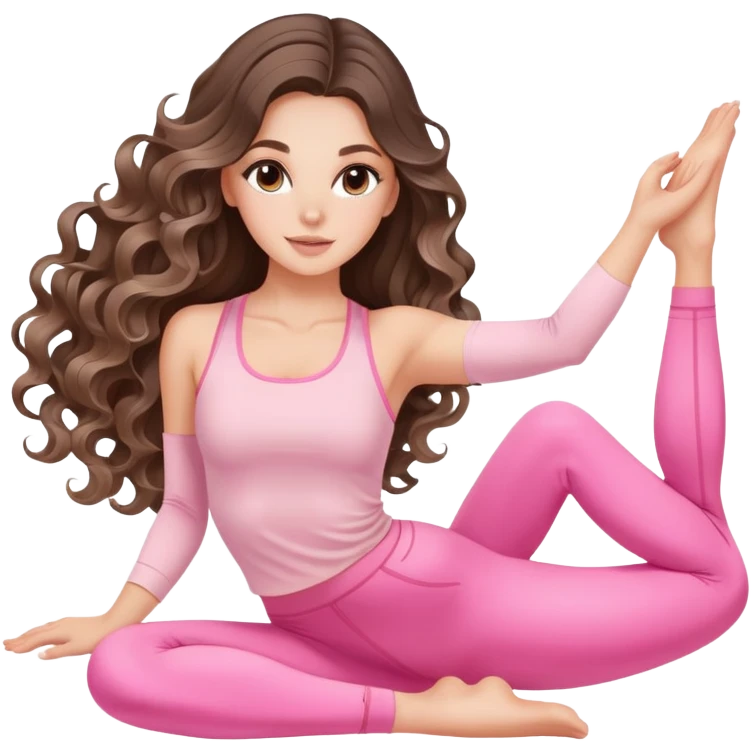 beautiful brunette with a light balayage white girl with nice defined and long curls , very long hair, clean girl makeup STRETCHING IN LIGHT PINK GYM emoji