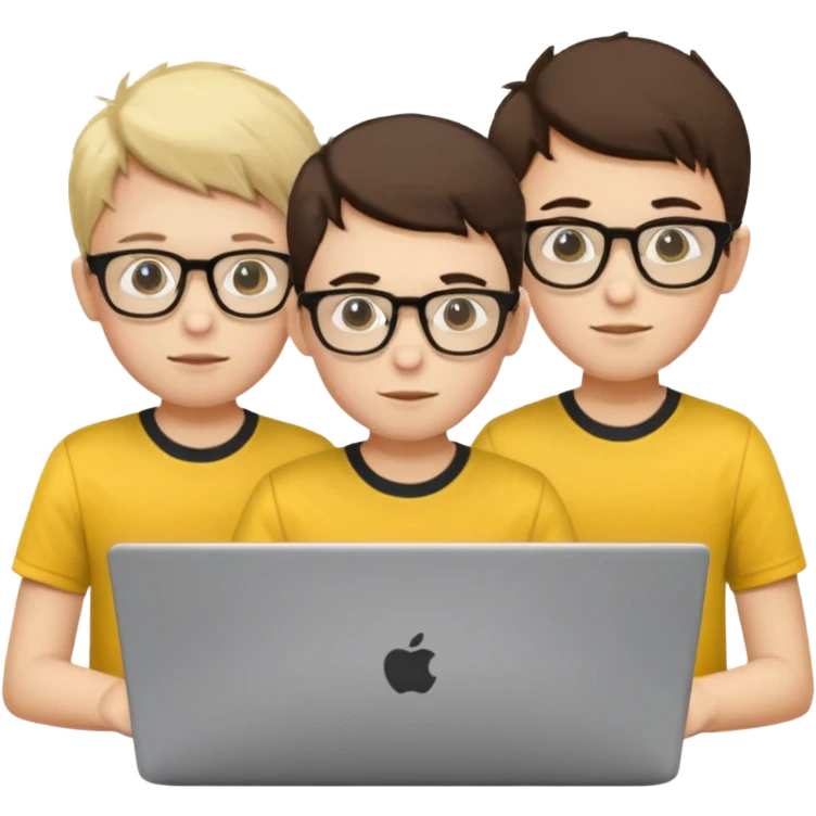technologist using laptop coding with 2 other technologist color yellow three of it is boy  that using 3 laptop emoji