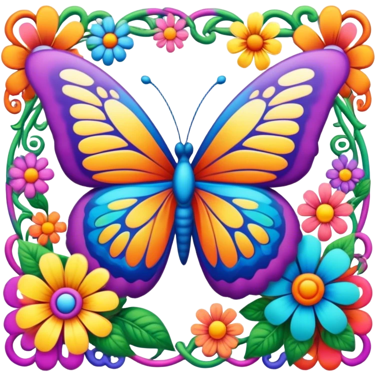 3D, psychedelic colored hippie style border with a butterfly and flower emoji