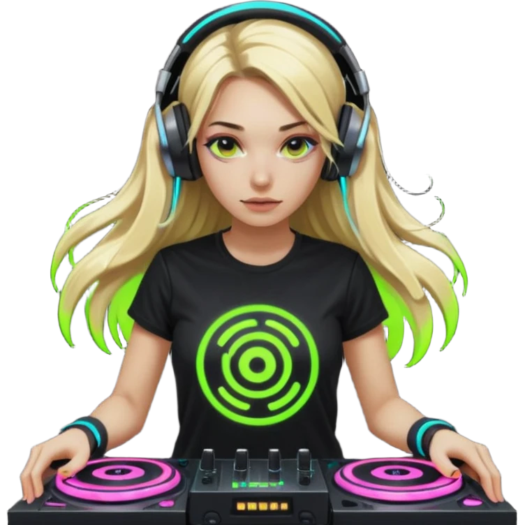 Beautiful cyberpunk style female DJ with long blonde hair, looking down, wearing black with neon on her graphic tshirt, spinning her neon glowing turntables and headphones, 8k emoji