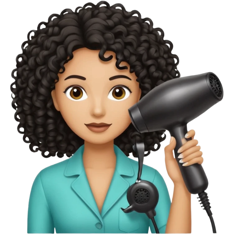 Parrucchiera con il phon in mano e la scritta coiffeur assunta capelli neri e ricci emoji