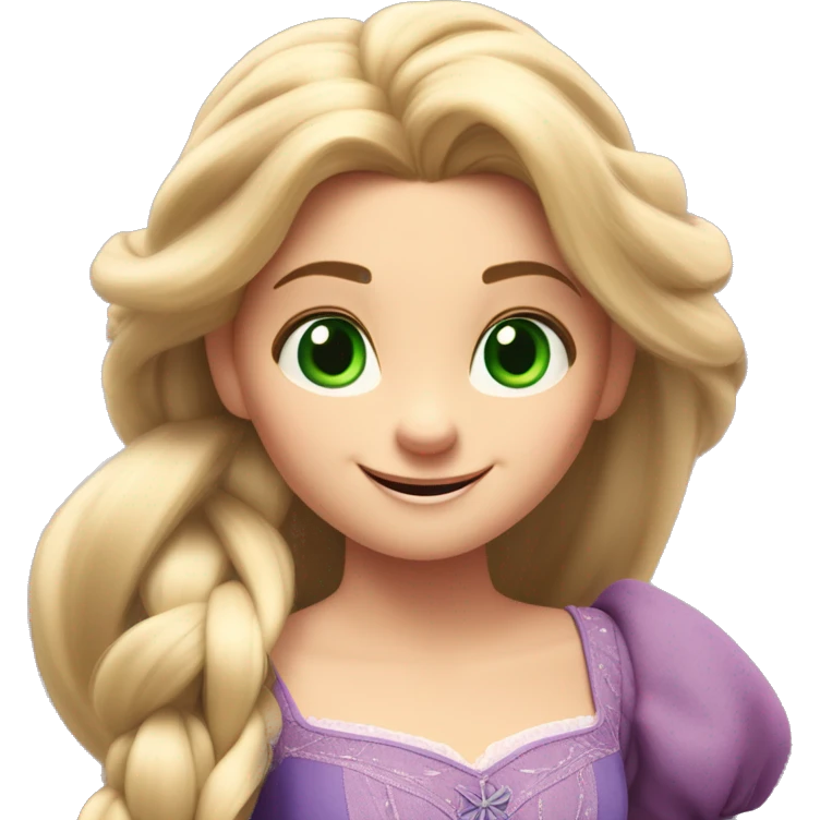 Rapunzel, in Tangled, has very long, shiny blonde hair, large green eyes, and a delicate face with a gentle smile. She wears a purple dress with puffed sleeves and radiates a joyful, curious, and innocent expression emoji