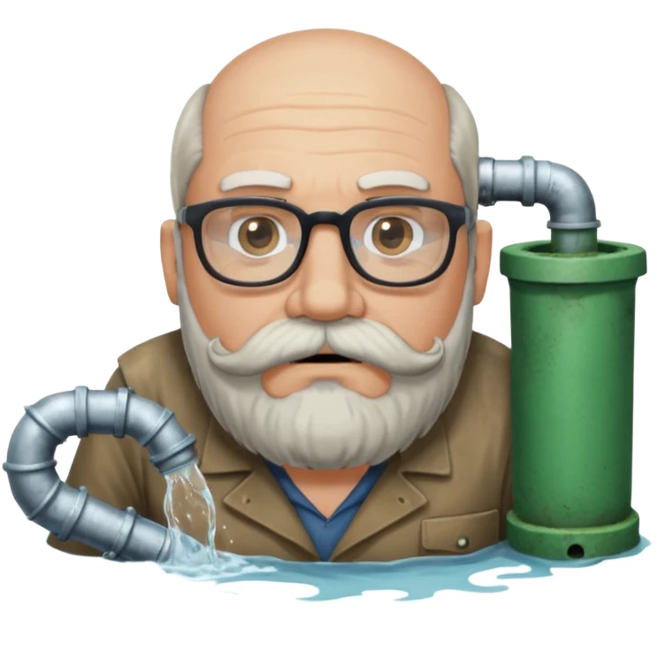 50 year old bearded and moustached white male wearing glasses. His mouth has been cast into a frame made of concrete and out of his mouth is flowing sewer water connected to a drain pipe. He is proud and thinks his right, while being slightly angry because the joke is on him. emoji