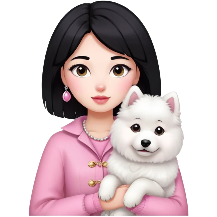 black-haired girl in pink Chanel style outfit with white Samoyed dog emoji