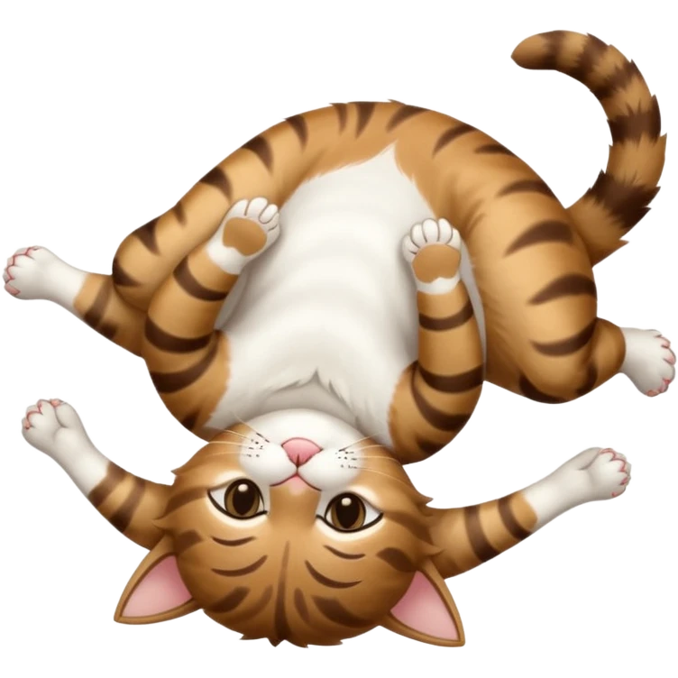 dark brown tabby and white cat in funny positions upside down with eyes closed emoji