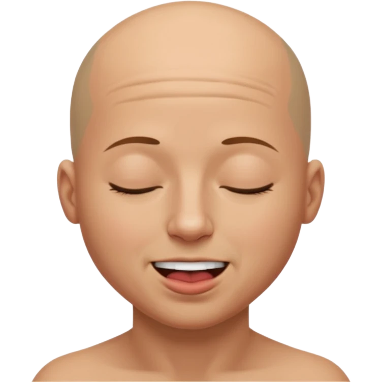 bald emoji tucking back non existing hair biting one side of bottom like looking down eyes closed sort of smiling emoji