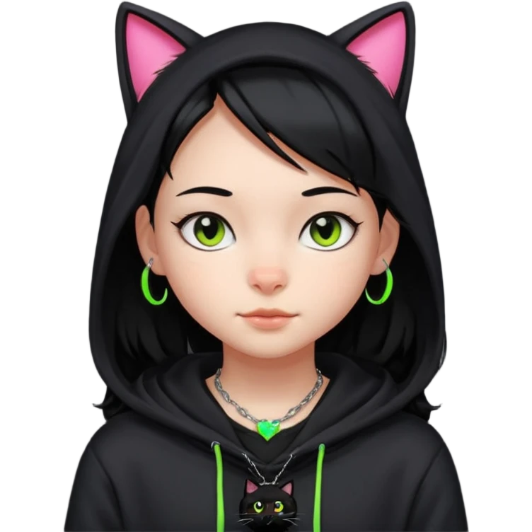후드티 입은 초딩여자 아이. 검은색 후드티와 검은 머리. 목에는 검은 네온 고양이 emoji