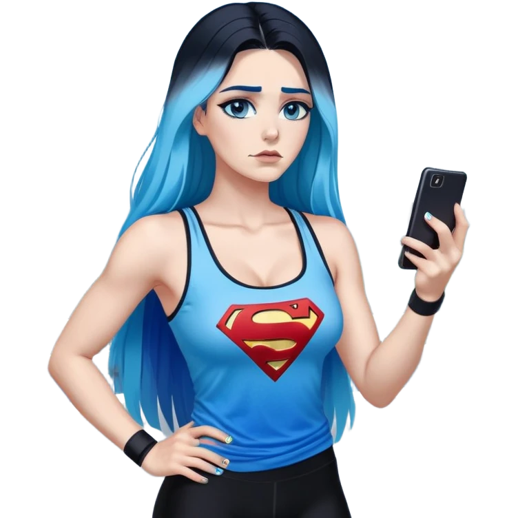 Shameful disappointed crying-very very very very big chest-texting on a samsung cell phone-very long straight flowing black to sky blue hair ombre-blue eyes-black eyeliner-long eyelashes-plastic sparkling sky blue very low cut tank top with sparkling superman logo-black leggings-nike sneakers emoji