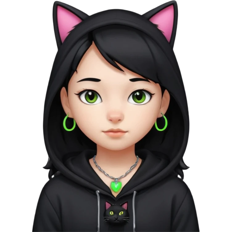 후드티 입은 초딩여자 아이. 검은색 후드티와 검은 머리. 목에는 검은 네온 고양이 emoji