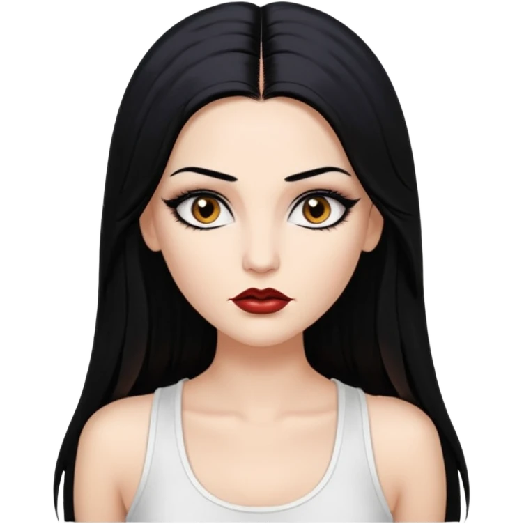 White woman with a white tank top long black hair glossy middle part straight long hair vamp look  brown eyes eyeliner winged with lashes top and bottom white border big lips black eyebrows emoji