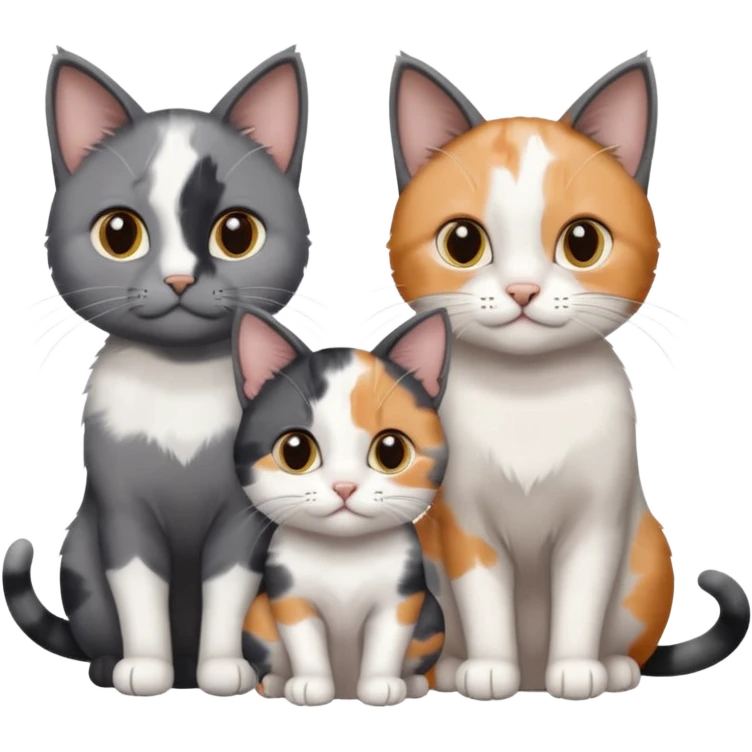 3 different coloured small cats including a dark grey and white, and a patchy calico and a completely solid dark grey with only white paws emoji