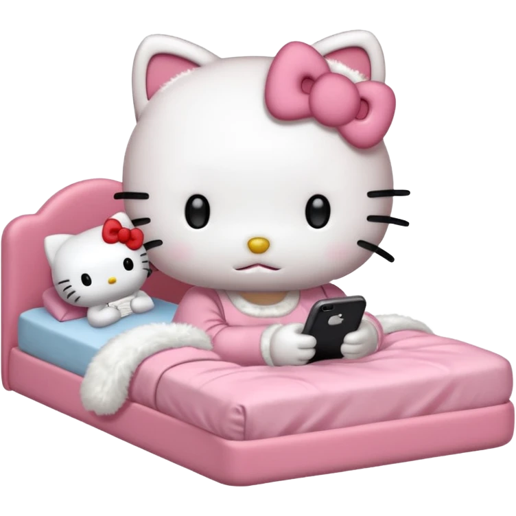 hello kitty without a mouth tucked into bed and using her phone emoji ...