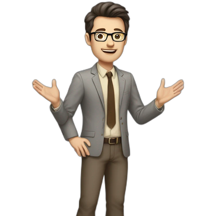 Full height Actively gesturing with hands Pale skinned fit man with dark brown hair in gray jacket, beige office shirt, brown tie, brown pants and vintage glasses. emoji