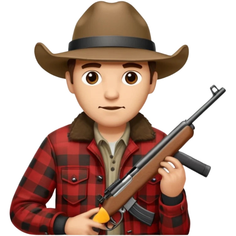 Man wearing buffalo plaid jacket and hat, with rifle emoji