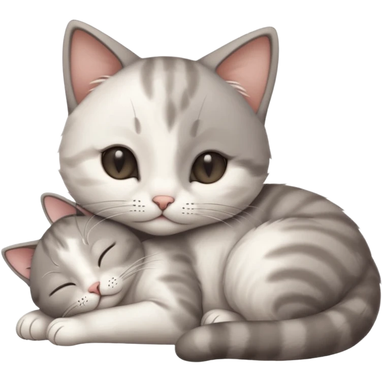 1 grey and white small cat with its eyes closed lying down leaning on its elbow with its paw curled under his head holding it up emoji
