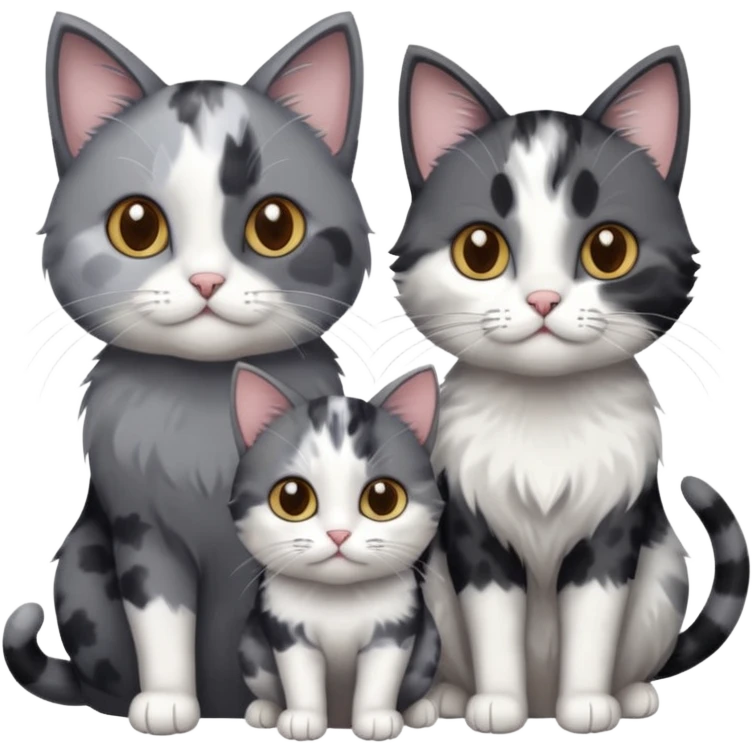 3 different coloured small cats including a dark grey and white, and a patchy calico and a completely solid dark grey with only white paws emoji