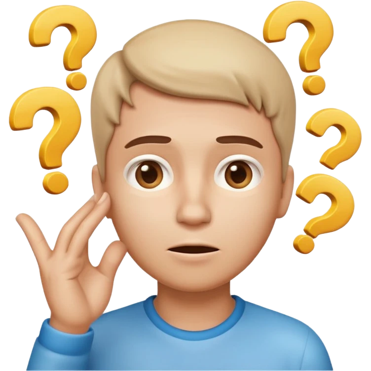 Telegram-style 3D emoji of a confused person, hand on chin, looking up, raised eyebrow, small question marks around head, soft gradient shading, clean rounded design, transparent background. emoji