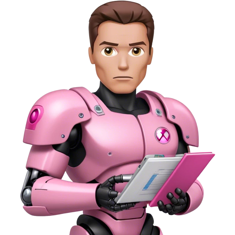 schwarzenegger-looking half robotic half human pink terminator holding microsoft excel pink folder emoji