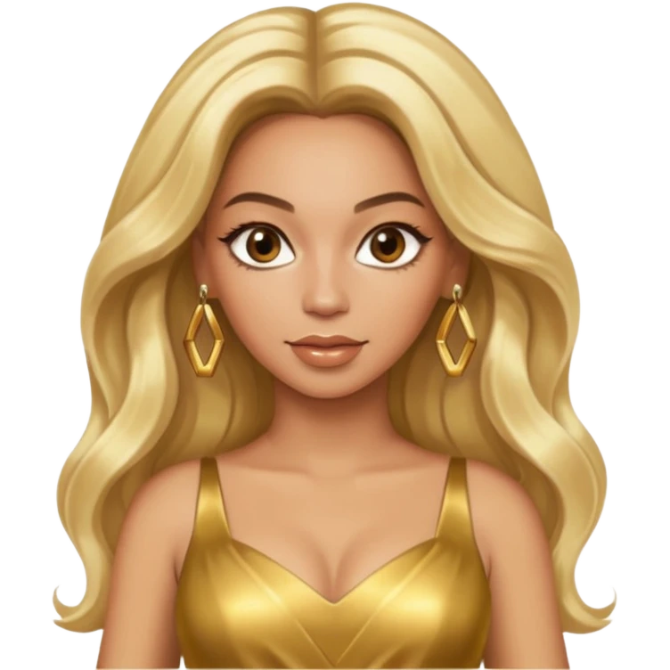 Beyonce hazel eyes, platinum blonde long hair, gold dress with earrings emoji