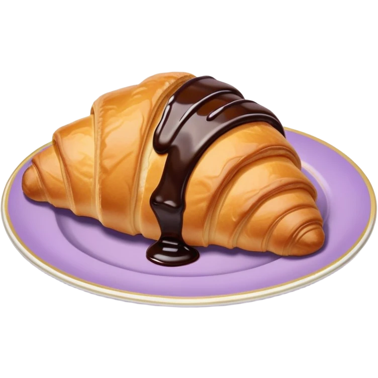 There's a croissant with chocolate syrup in a vintage pale purple plate. emoji