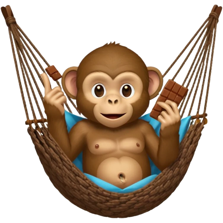 A monkey lies in a hammock in the jungle, eating chocolate and giving the middle finger. emoji