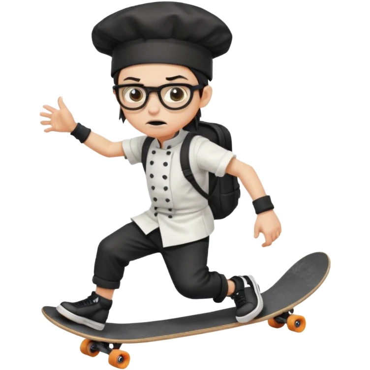 ["An angry boy , ponytail, wearing a chef hat and square glasses, dressed in goth fashion, is skateboarding while holding a backpack."] emoji