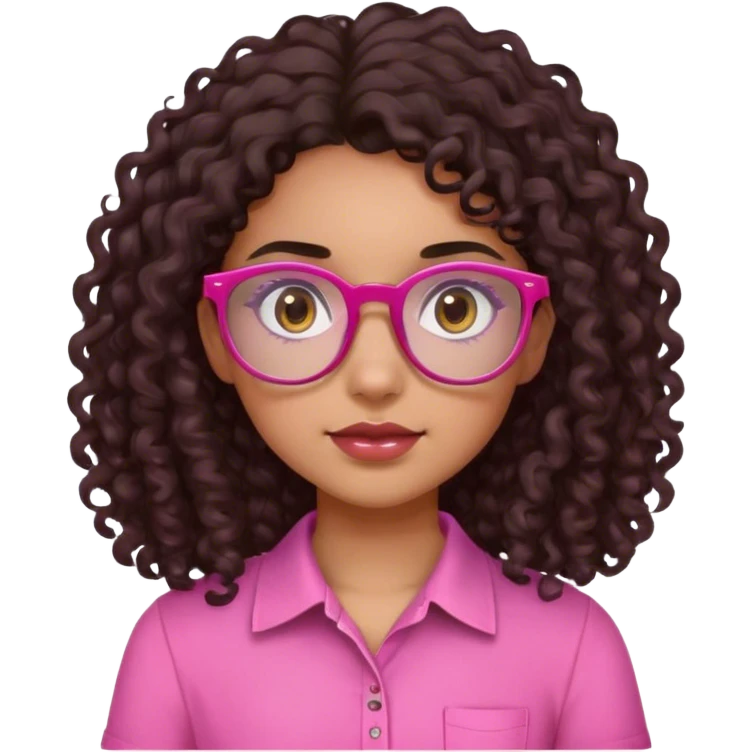 Girl with long, dark brown curly hair, with mixed sk, pink glasses, and a pink shirt, dark brown eyes  emoji
