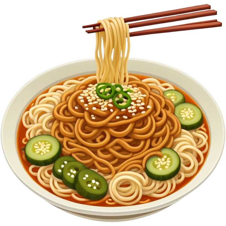 Wuhan hot dry noodles with sesame paste and pickles, simplified emoji style with bold outlines and bright colors, cartoon style Hubei breakfast Re Gan Mian emoji