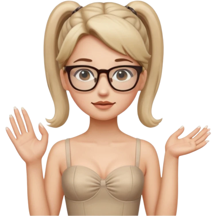 Une fille avec une robe courte en bustier beige avec des lunettes et une demie queue , des ongles en french manucure  emoji