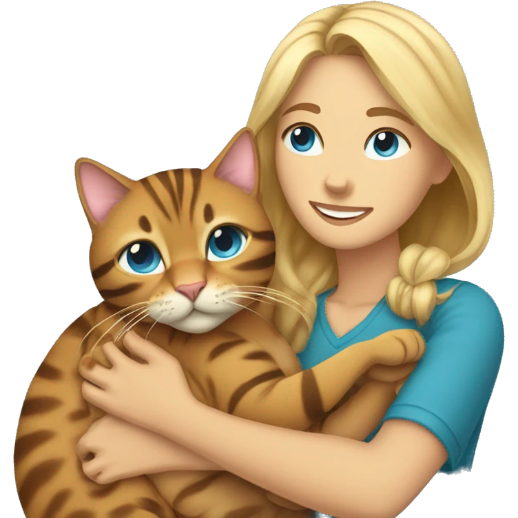 Brown-haired woman and blond blue eyed man hugs Bengal cat emoji