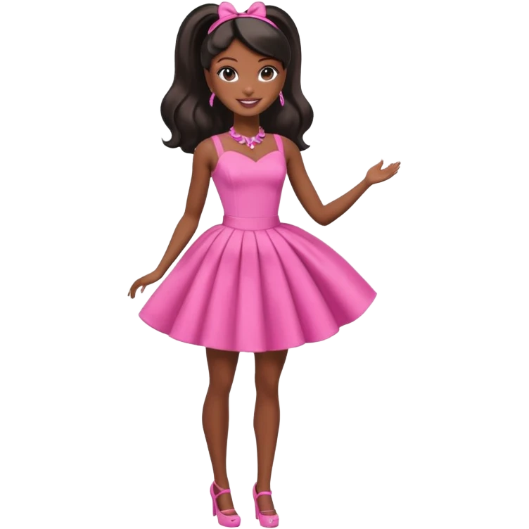 black barbie. typical barbie ponytail, pink dress, super pretty, full body, the only pink is her dress emoji