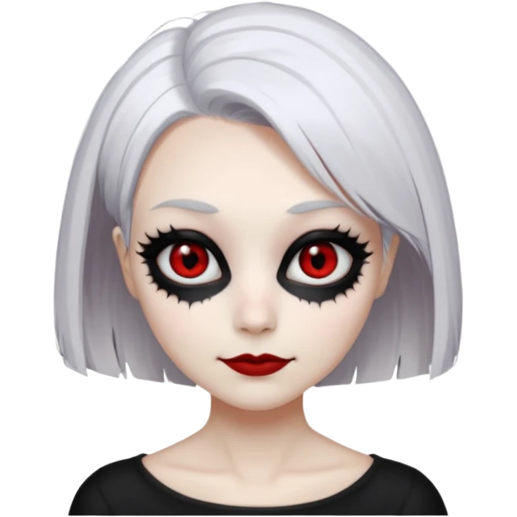 Afemale, unnatural eye color with veiny eyes, sickly skin texture combined with an unnatural creepy smile, liminal setting that feels wrong, uncanny eerie art style, scary femme fatale, bob cut, mole under eye, white hair, red iris, black mascara, black eyeshadow, Gothic white skin, emoji