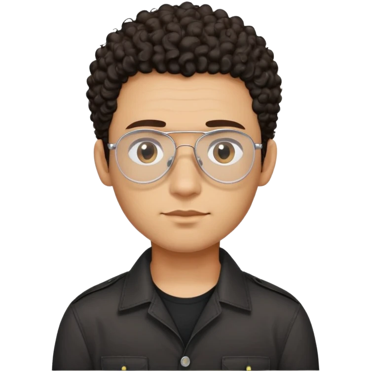 Man with small face and prominent forehead, teardrop-shaped aviator glasses, very minimal dark curly hair on top with completely shaved sides, light brown complexion, gentle expression, black button-up shirt emoji