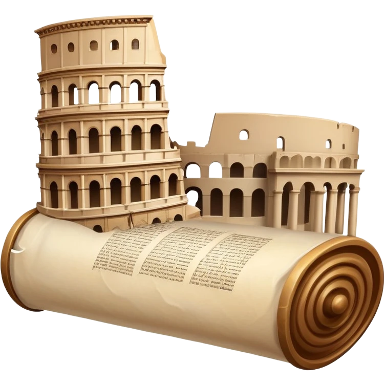 An icon featuring an ancient scroll, surrounded by famous historical landmarks and statues of notable figures, like the Colosseum or Napoleon. The design symbolizes the exploration of history through monuments and people. Transparent background highlights the pas emoji