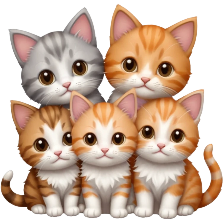 6 tiny kittens cuddling together all different colours, the first one is grey and white, the second is ginger and white and the third is brown tabby and white emoji