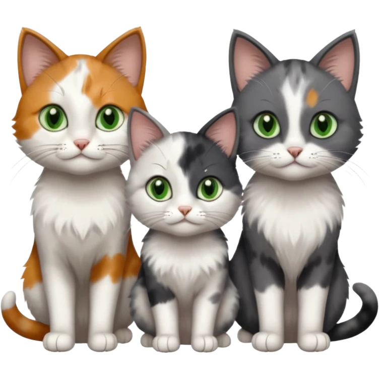 3 different coloured small cats including a dark grey and white, and a patchy calico and a completely solid dark grey with green eyes and only white paws emoji