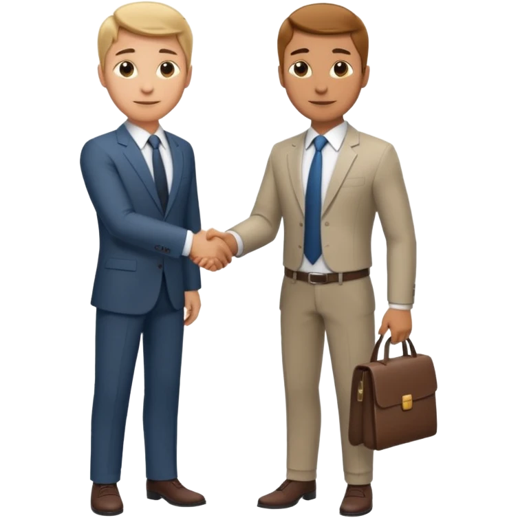 a video editor handshaking with a castomer. customer wears suit and tie but video editor wears shirt and trouser. they are handshaking inside a corporate office. emoji