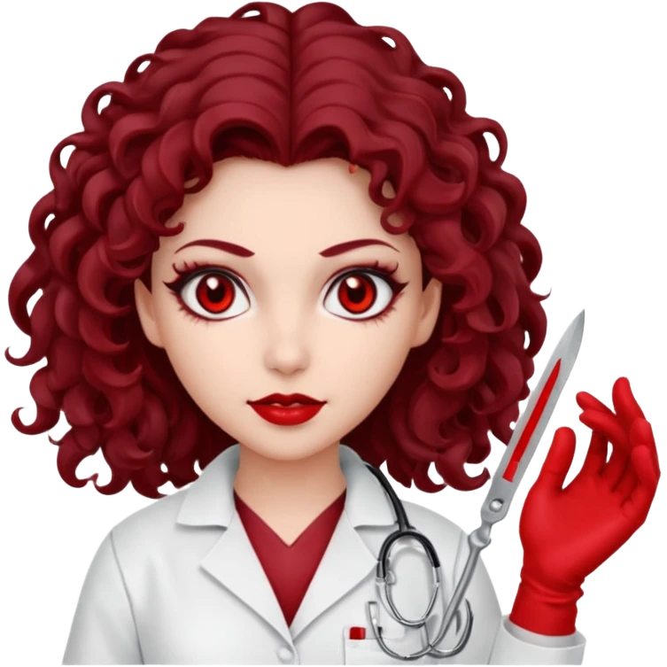 Lilith scalpel in hand, evil surgeon outfit.  She has red eyes. She has dark brown curly hair. Hair is long . Wears sexy doctor outfit with red gloves. Covers nose, neck and mouth with Muslims  emoji