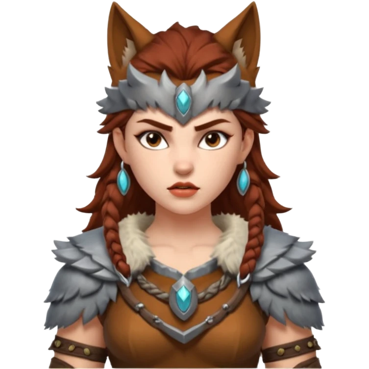 barbarian woman riding a wolf portrait, head and shoulders only, wolf head visible, fur-lined armor collar, fierce expression, fantasy style, 3D cartoon, mobile game icon style, clean background, no text, no watermark emoji