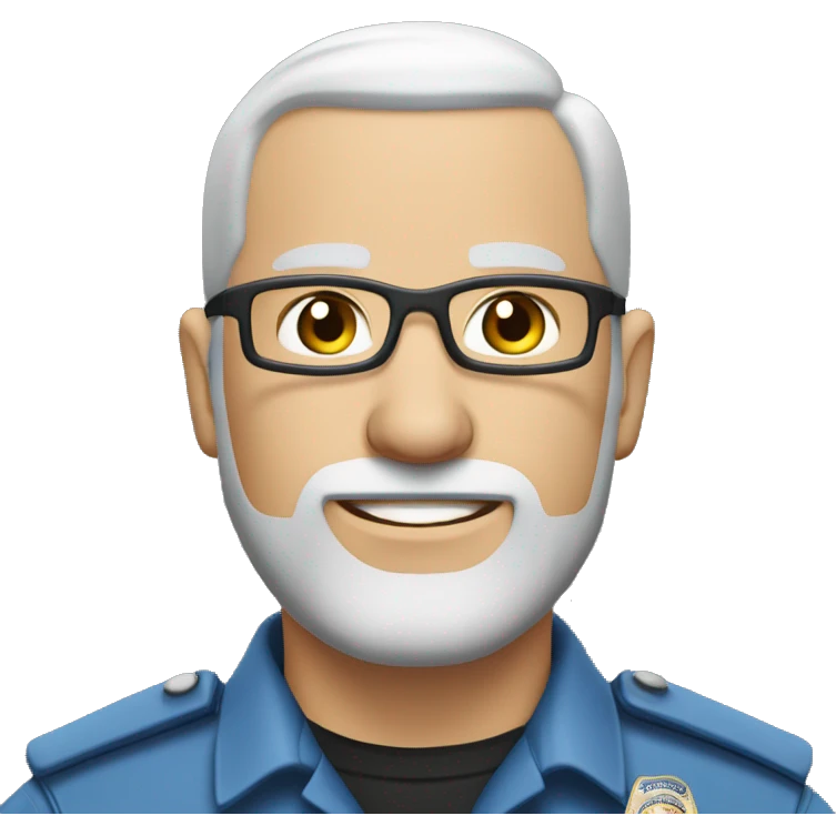 Bald Caucasian man with light gray beard in police uniform with a glasses and earing in the left ear  emoji
