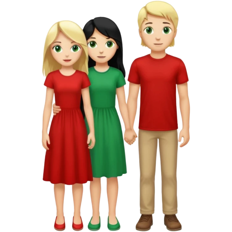 full-length couple, girl with long black hair and green eyes in red dress, boy with blonde hair in white t-shirt emoji