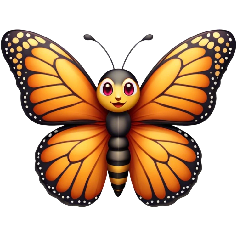Cinematic Realistic Cute monarch Butterfly Portrait Emoji, Head tilted playfully and inquisitively, featuring vibrantly patterned ruby wings with intricate detailing and a charming, petite body with round, sparkling eyes full of warm curiosity, rendered with lifelike precision and natural highlights, high shine, affectionate and spirited, styled with a touch of whimsical garden delight, soft glowing outline, capturing the essence of a mischievous yet lovable monarch butterfly that seems poised to flutter playfully into your arms! emoji