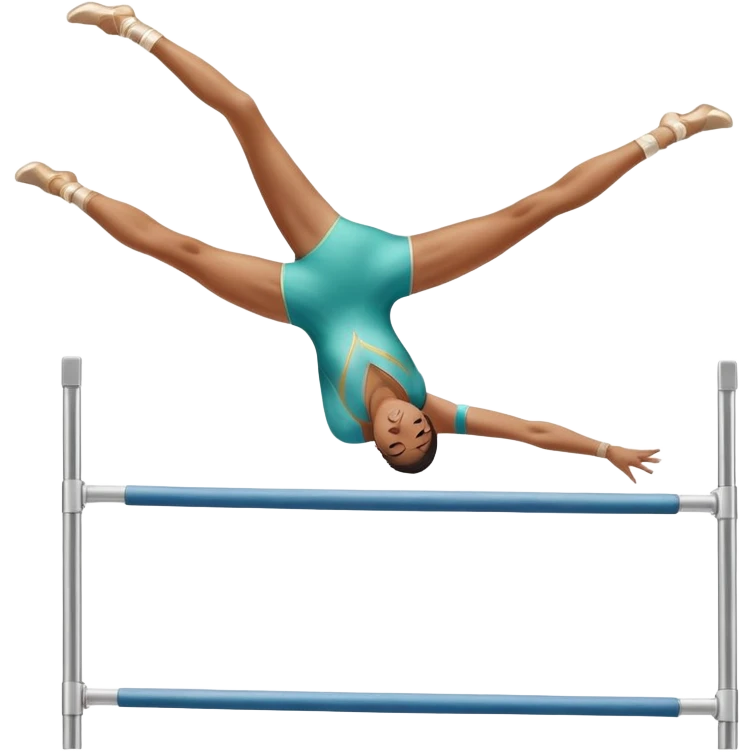 Professional gymnast performing a dynamic routine on parallel bars, captured mid-air in an elegant flip. The background features a well-lit gymnastics arena with a cheering audience. The athlete's posture and expression convey strength, control, and perfect coordination. emoji