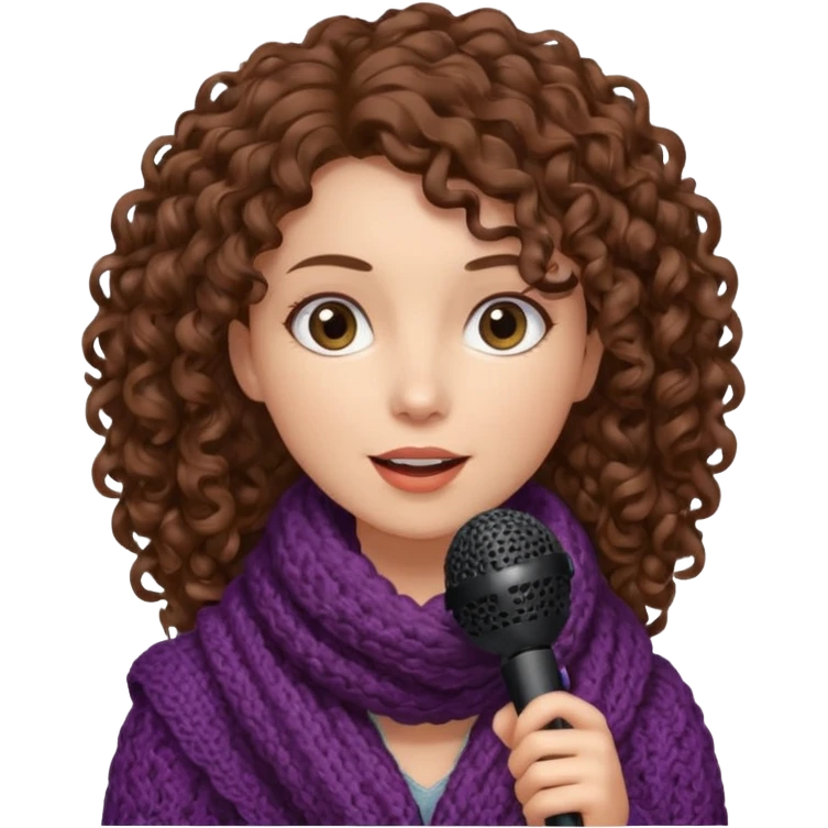 curly haired woman with winter clothes holding microphone emoji
