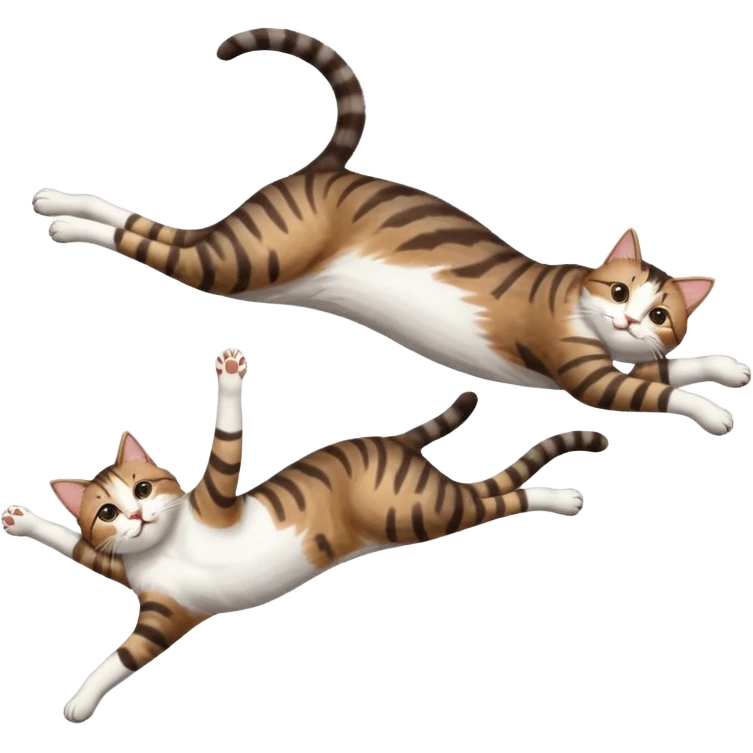 dark brown tabby and white cat with doing a big extremely long stretch reaching up into the air with arms and legs side by side together straight and overextended whilst lying on its side emoji