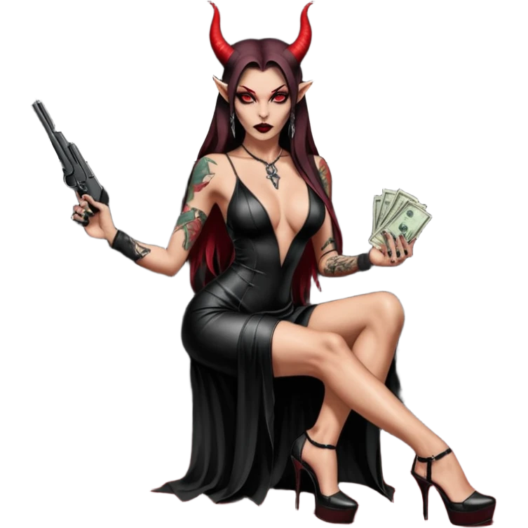 Lilith model red eye sexy black  devil horns.  long brown haired sexy succubus woman with leather long dress slit, sitting in limo. Wearing Black Platform high heels on feet. Tattoo sleeve arms, she has stacks of cash and a man dead human skull is on top of stack of cash and a gun in  hand emoji